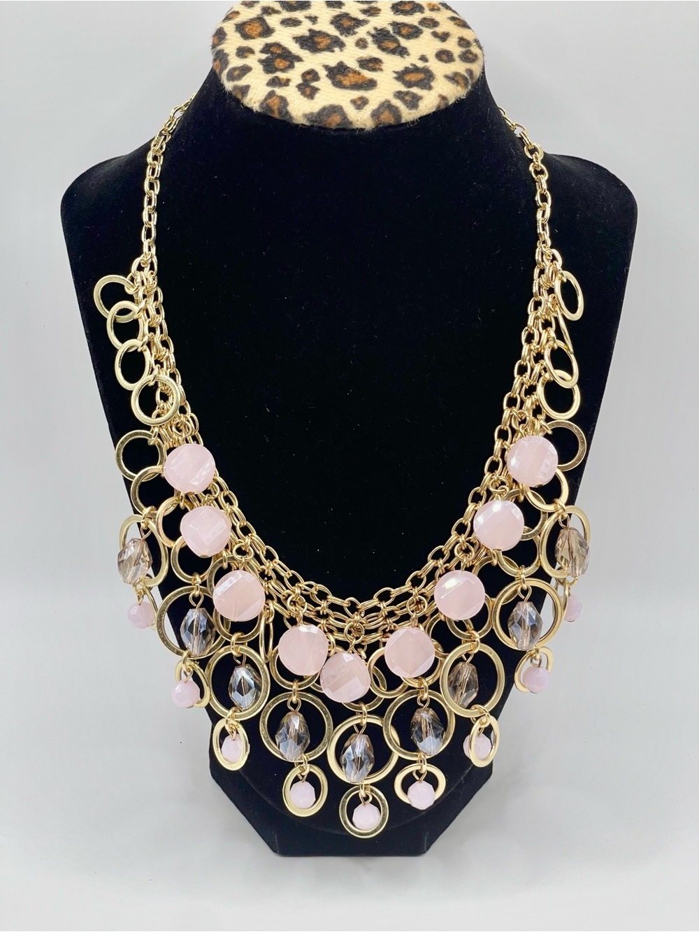Gold Tone Chain Statement Bib Necklace with Pink & Clear Beads